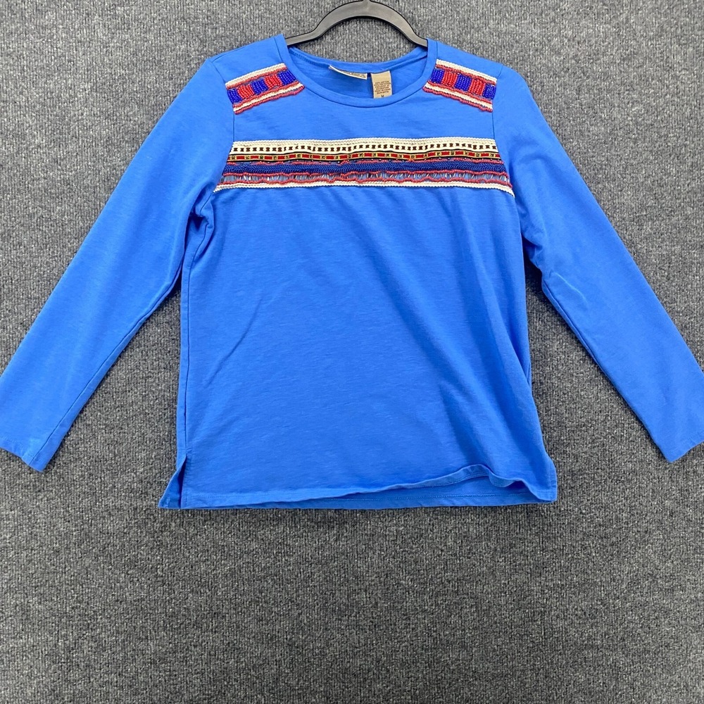 Art and Soul‎ Blouse Top Womens M Blue Beaded Pullover Aztec Tribal Art to Wear